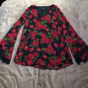 Rose patterned mini dress with flared sleeves